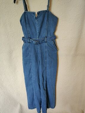 Hollister Blue Denim Overall Jumpsuit Wide Leg Belted Spaghetti Strap Size L